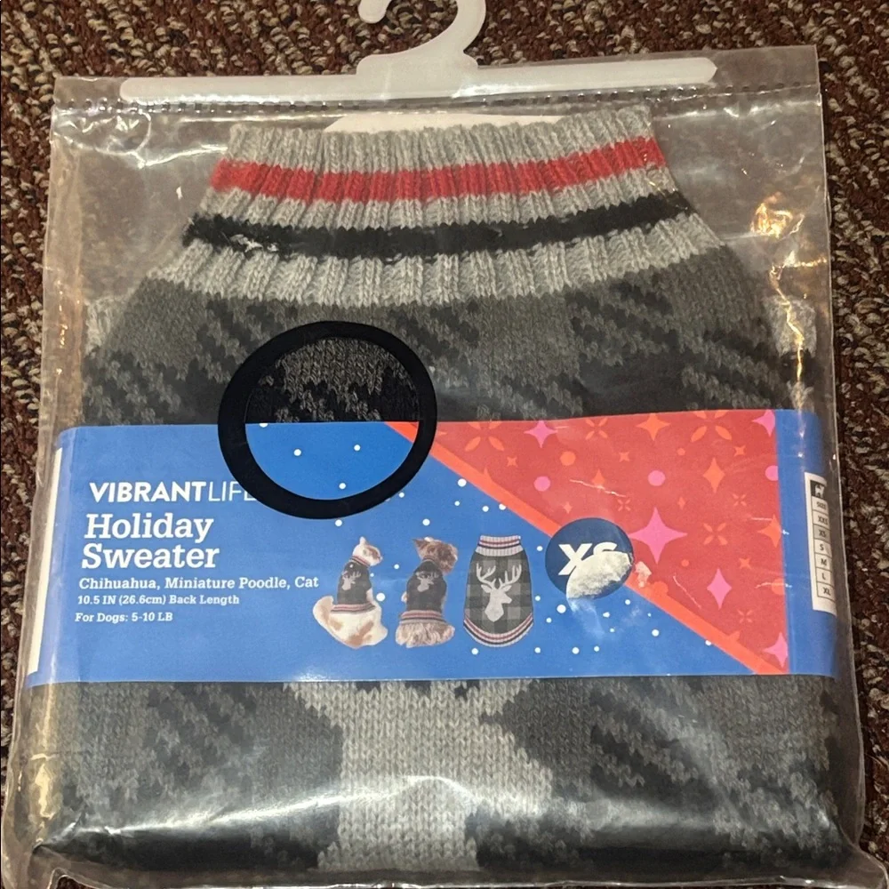 Gray and Black Plaid pet sweater holiday with Moose Design reindeer Xs dog/cat